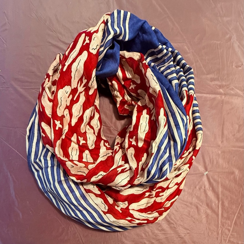 Etcetera by Carlisle Red/Cream Print Infinity Scarf with Blue Stripe Trim - Picture 2 of 5